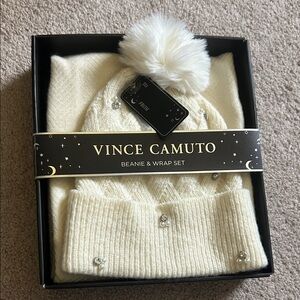 Vince Camuto Ivory Beanie & Wrap Set with Pom Pom